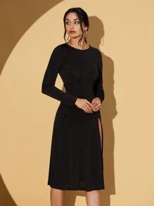 EURMUSE Solid Split Thigh Dress - Black - View 3