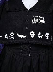 Corpse Bride | ROMWE Plus Skull Print Lace Up Front Cape Coat - Black - View 5