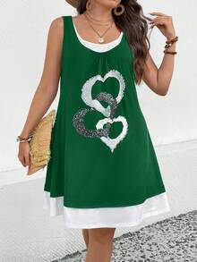 SHEIN Clasi Talla grande Vestido tank con estampado de corazón - Verde Oscuro - Ver 4