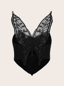 SHEIN ICON 蝴蝶刺繡吊帶短上衣 - 黑色 - 查看 7