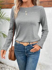 SHEIN Frenchy Solid Eyelet Embroidery Tee - Grey - View 5