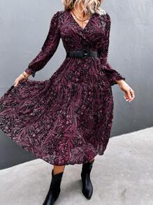 Aveloria Paisley Print Surplice Neck Pleated Hem Dress Without Belt - Hot Pink - View 1