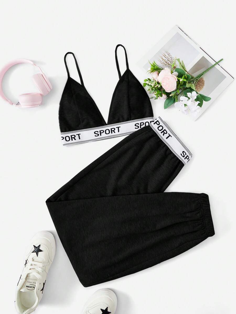 SHEIN EZwear 字母織帶吊帶上衣和運動褲 - 黑色 - 查看 1