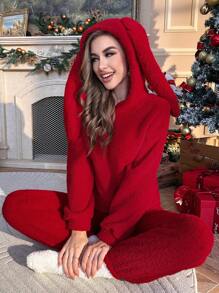 1 bộ đồ ngủ vải nỉ trùm đầu thiết kế tai 3D, Giáng sinh - Màu Đỏ Sâu - Xem 5