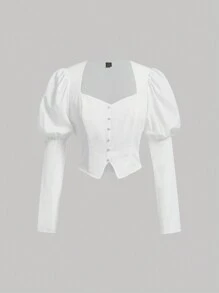 SHEIN MOD 素色雞心領口羊腿袖襯衫 - 白色 - 查看 1