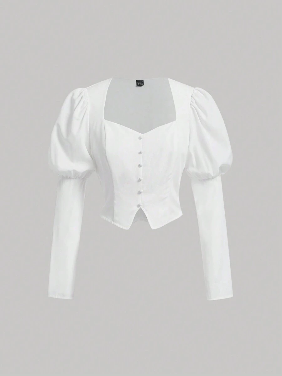 SHEIN MOD 素色雞心領口羊腿袖襯衫 - 白色 - 查看 1