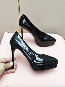 女式高跟鞋，黑色通勤風格漆皮防水台高跟鞋，時尚晚會鞋 - 黑色 - 查看 4