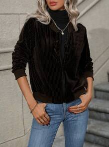 SHEIN LUNE Zip Up Velvet Bomber Jacket - Coffee Brown - View 3