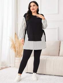 Mulvari 大碼條紋印花落肩袖下擺開叉T恤和緊身褲 - 黑與白 - 查看 4