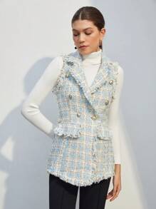 BizChic Khía Vòng cổ Frayed Cạnh Tweed Áo khoác Vest Trang phục làm việc - Xanh và trắng - Xem 5