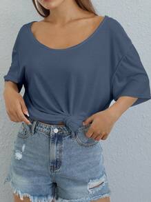 SHEIN Essnce Solid Asymmetrical Shoulder Oversized Tee - Navy Blue - View 4