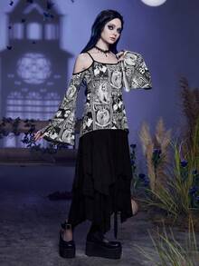 Corpse Bride | ROMWE Figure & Letter Graphic Cold Shoulder Trumpet Sleeve Tee - Black - View 4