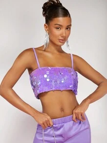 SHEIN BAE Christmas Sequin Crop Cami Top - Purple - View 3