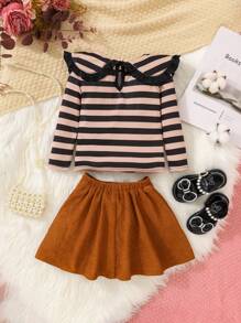 SHEIN Baby Girl Striped Print Statement Collar Tee & Button Front Skirt - Coffee Brown - View 2