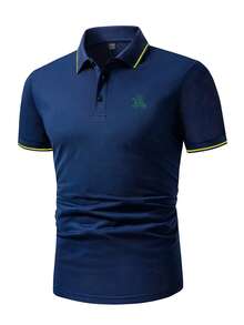 Manfinity Homme 男士馬印花拼接邊POLO衫 - 藍色 - 查看 4