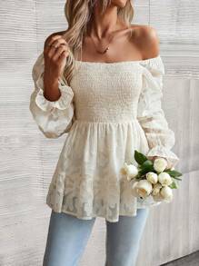 SHEIN Clasi 提花喇叭袖荷叶边衬衫荷叶边上衣女士秋季服装 - 杏色 - 查看 3