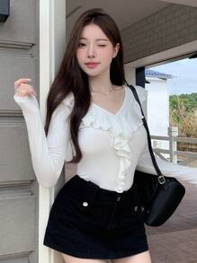 DAZY 素色荷葉邊修身T恤 - 白色 - 查看 8