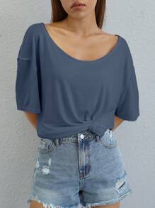 SHEIN Essnce Solid Asymmetrical Shoulder Oversized Tee - Navy Blue - View 5