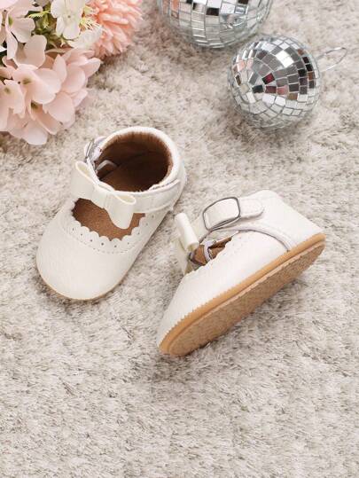 Infant Girls Bow Decor Hook-And-Loop Fastener Ankle Strap Flats For Outdoor