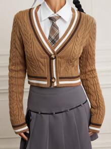 SHEIN EZwear Striped Trim Cable Knit Cardigan Without Blouse - Brown - View 1