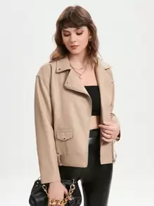 GENKIRA Áo khoác Moto có khóa kéo - Màu Khaki - Xem 6