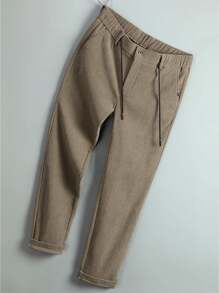 Men Drawstring Waist Corduroy Pants - Khaki - View 1