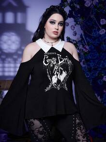 Corpse Bride | ROMWE Plus Cartoon Graphic Cold Shoulder Tee - Black - View 4