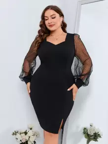 Reflora Plus Contrast Dobby Mesh Lantern Sleeve Split Hem Bodycon Dress - Black - View 5