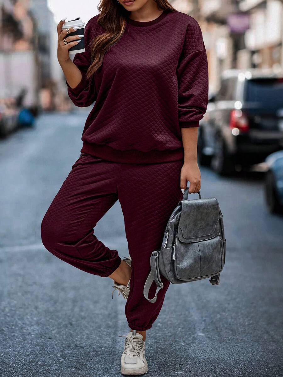 SHEIN LUNE Plus Drop Shoulder Sweatshirt & Sweatpants - Burgundy - View 1