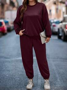 SHEIN LUNE Plus Drop Shoulder Sweatshirt & Sweatpants - Burgundy - View 3