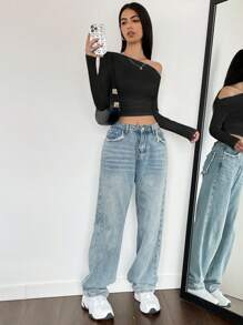 SHEIN Unity Camiseta crop de cuello asimétrico - Negro - Ver 5