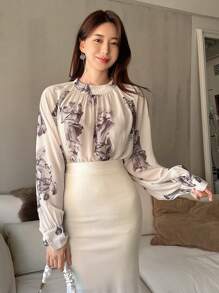 DAZY Floral Print Tie Back Blouse - Apricot - View 3