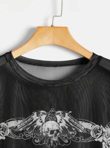 SHEIN EZwear Plus Halloween Skull Print Drop Shoulder Mesh Top Without Bra - Black - View 4
