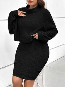 SHEIN Essnce Plus Turtleneck Drop Shoulder Tee & Slip Dress, For Winter - Black - View 4