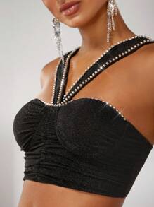 SHEIN BAE Detale z kamieniami szlachetnymi Pomarszczona Crop top - Czarne - Zobacz 6