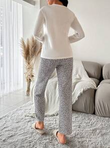 EURMUSE Leopard & Letter Graphic White Top & Pants PJ Set - White - View 2