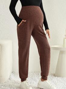 SHEIN 孕婦彈性腰帶斜口袋長褲 - 咖啡棕 - 查看 3