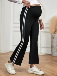 SHEIN Maternity Adjustable Waist Striped Side Flare Leg Pants - Black - View 4