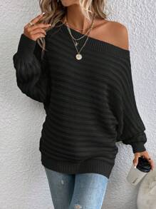 EMERY ROSE Asymmetrical Neck Batwing Sleeve Sweater,Ladies Spring/Fall Casual Asymmetrical Long Sleeve Regular Fit Black Batwing Sleeve Pullovers Women Sweaters,Long Sleeve Tops,Off The Shoulder Sweater - Black - View 7