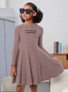Tween Girl Slogan Graphic Ribbed Knit Flare Hem Dress - Dusty Pink - View 1