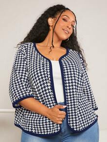 SHEIN CURVE+ Plus Houndstooth Print Contrast Binding Jacket - Navy Blue - View 4