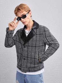 Manfinity VCAY 1pc Plaid Print Lapel Neck Overcoat, For Fall Winter - Black - View 3