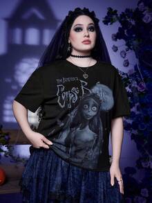 Corpse Bride | ROMWE Talla grande Camiseta de hombros caídos con estampado de dibujos animados - Negro - Ver 6