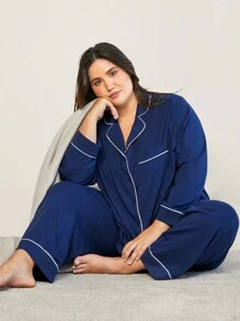 LUVLETTE Autumn And Winter Women Plus Soft Cotton & Modal Dark Blue Basic Long Women Pajama Set Lounge Set Fall Pajamas Clothes