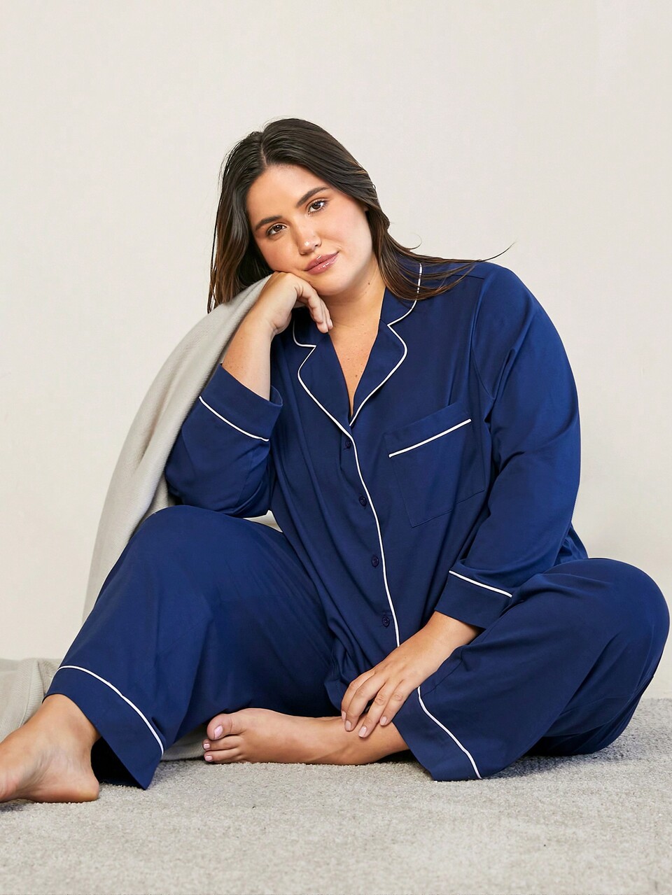 Conjunto de Pijama Longo Básico Azul de Algodão Macio Plus Size para Mulheres, Conjunto de Loungewear, Roupas de Pijama de Algodão