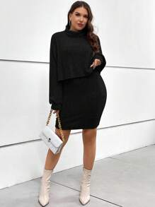 SHEIN Essnce Plus Turtleneck Drop Shoulder Tee & Slip Dress, For Winter - Black - View 3