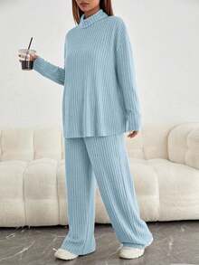 SHEIN 孕婦落肩 T 恤和可調節腰圍褲 - 藍色 - 查看 3