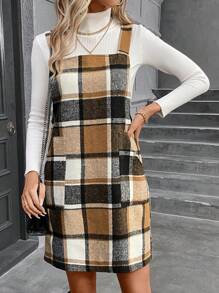 SHEIN LUNE 格紋印花雙口袋背帶洋裝無毛衣 - 彩色 - 查看 6