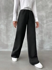 EURMUSE Pantalones de traje color block de cintura alta - Negro - Ver 4