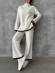 EURMUSE Contrast Trim Mock Neck Drop Shoulder Split Hem Sweater & Knit Pants - Beige - View 1